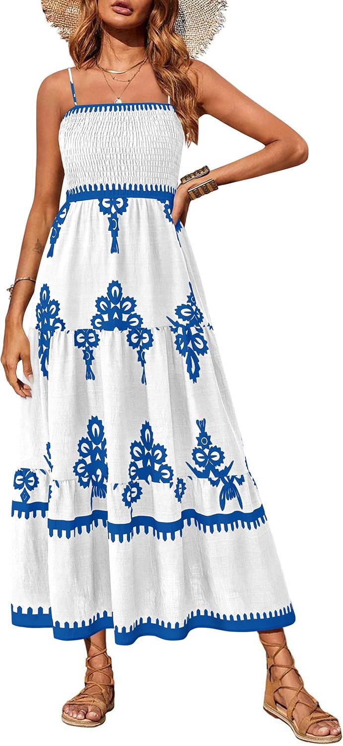 PRETTYGARDEN Women's Summer Maxi Dress 2026 Spaghetti Strap Sundresses | Boho Dress, Sleeveless, Smocked, Flowy Tiered A Line Long Dress, Beach Vacation, Party, Wedding Guest