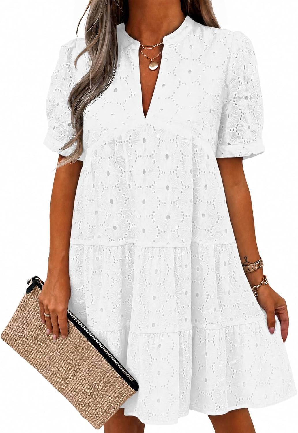 Imily Bela Womens Summer Lace Dresses Eyelet Casual Flowy Babydoll Dress | Swing, Short Sleeve, V Neck, Tunic Dress,Mini,Beach,Vacation,Party,Outdoor,Boho,Loose,Ruffle Hem,Short Puff Sleeve