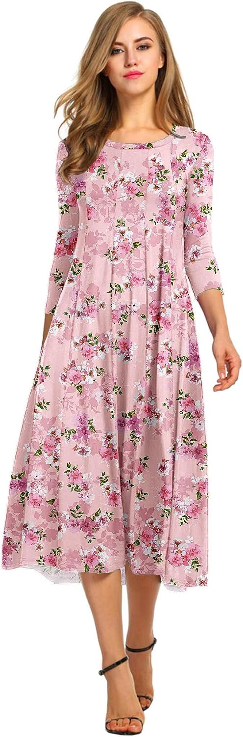 HOTOUCH Women's 3\/4 Sleeve A-line and Flare Midi Long Dress