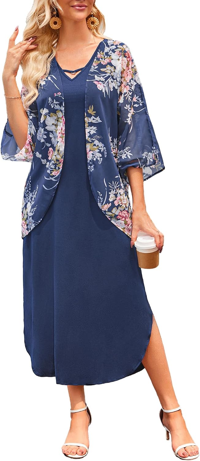 Honwenle Women's 2026 Summer Maxi Dress 2 Piece Loose Split Outfit | Sleeveless,with Cover up,Floral Sundress,V-neck,Casual,Beach Vacations,Wedding Guest