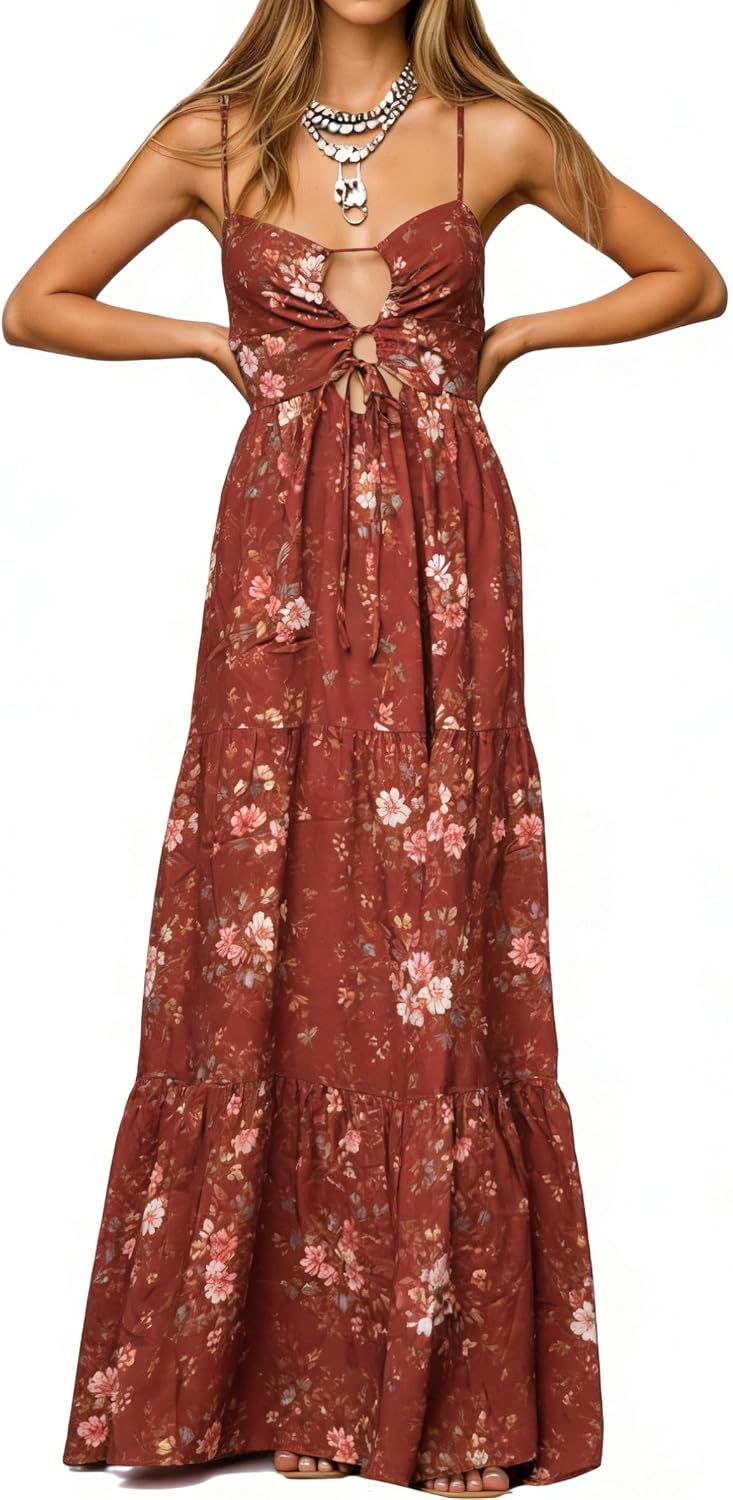 Womens Summer Floral Spaghetti Strap Backless Low Cut Smocked Milkmaid Flowy Beach Sundresses