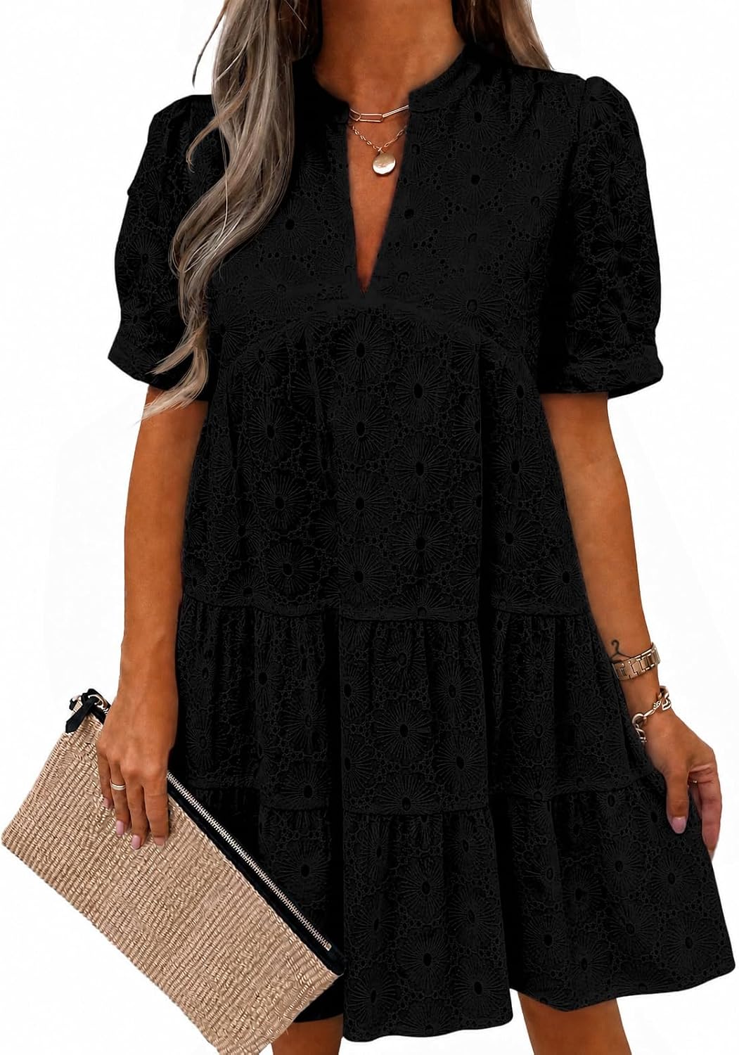 Imily Bela Womens Summer Lace Dresses Eyelet Casual Flowy Babydoll Dress | Swing, Short Sleeve, V Neck, Tunic Dress,Mini,Beach,Vacation,Party,Outdoor,Boho,Loose,Ruffle Hem,Short Puff Sleeve