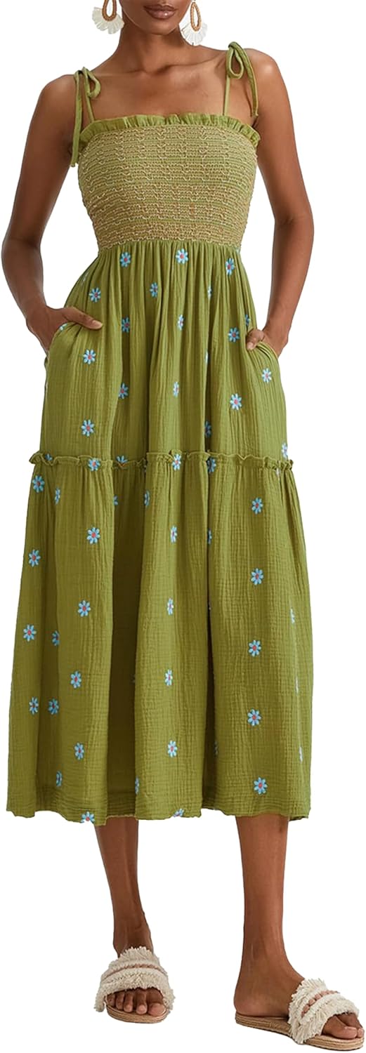 ABYOVRT Women Floral Embroidered Maxi Dress Sleeveless Tie Shoulder Smocked Flowy Dress Boho Summer Sundresses with Pockets