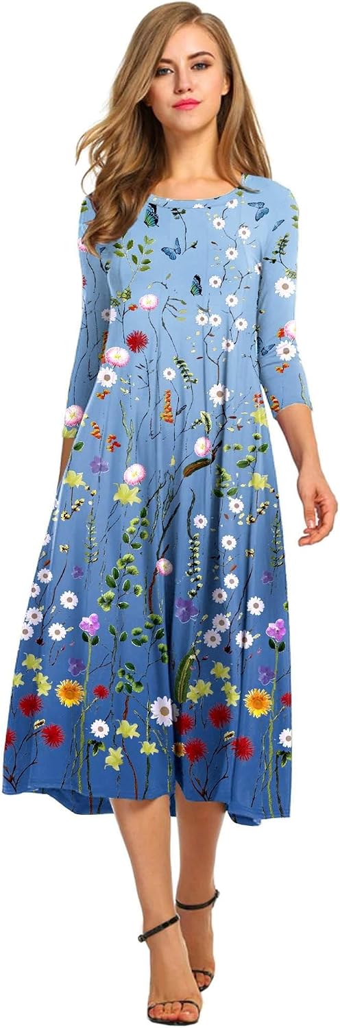 HOTOUCH Women's 3\/4 Sleeve A-line and Flare Midi Long Dress
