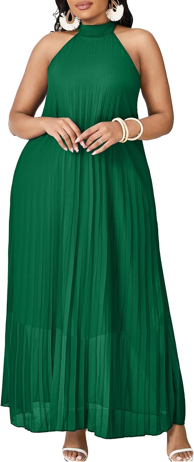 FANDEE Maxi Dress for Women Plus Size Casual Sleeveless Chiffon Halter Neck Pleated Loose Long Dresses
