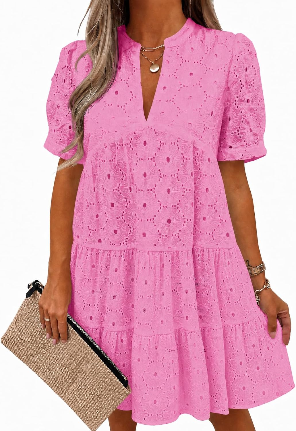 Imily Bela Womens Summer Lace Dresses Eyelet Casual Flowy Babydoll Dress | Swing, Short Sleeve, V Neck, Tunic Dress,Mini,Beach,Vacation,Party,Outdoor,Boho,Loose,Ruffle Hem,Short Puff Sleeve