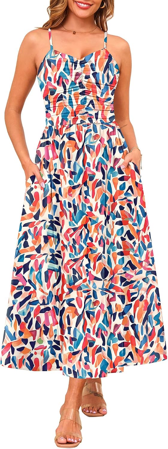 Annebouti Women's Summer Adjustable Spaghetti Strap Ruched Maxi Sun Dress | Dress with Pockets, Lined Bodice, Boho Floral Print, Perfect Summer Dress for Wedding Guest, Beach, Vacation, Resort Wear