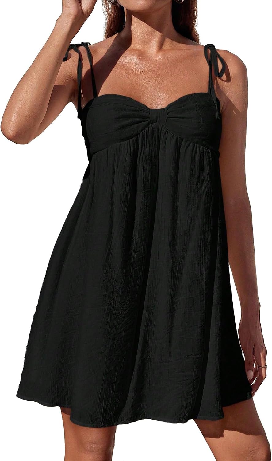 Fhykiss Women's Spaghetti Strap Summer Mini Dresses Flowy Casual Cute Babydoll Dress Knot Tie Shoulder Adjustable Sundress