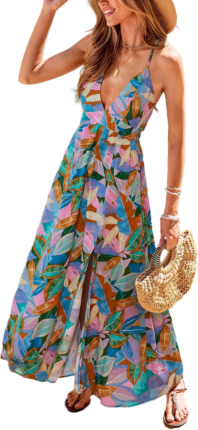 CUPSHE Women's Boho Paisley Tropical Deep V-Neck High Slit Maxi Dress | Adjustable Criss-Cross Straps, Open Back, Empire Waist Flowy A-Line Long Sundress, For Summer Beach Vacation, Resort Wear