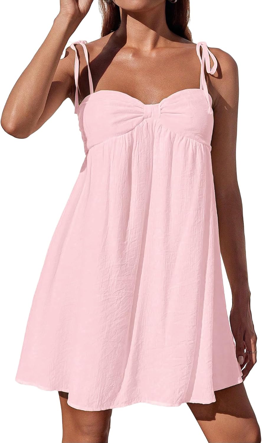 Fhykiss Women's Spaghetti Strap Summer Mini Dresses Flowy Casual Cute Babydoll Dress Knot Tie Shoulder Adjustable Sundress