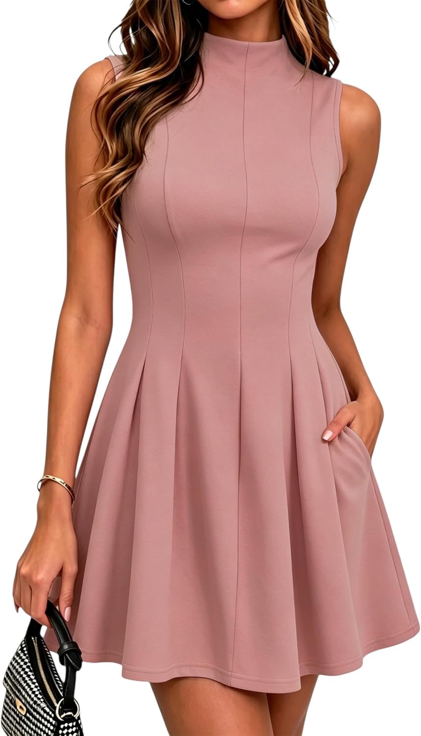 MTGGD Women Sleeveless Graduation Cocktail A Line Short Dress with Pockets | Mock Neck,Fit and Flare,Birthday,Party,Homecoming,Back to School,Club,Date,Business Casual Work Dress,Fashion,Trendy