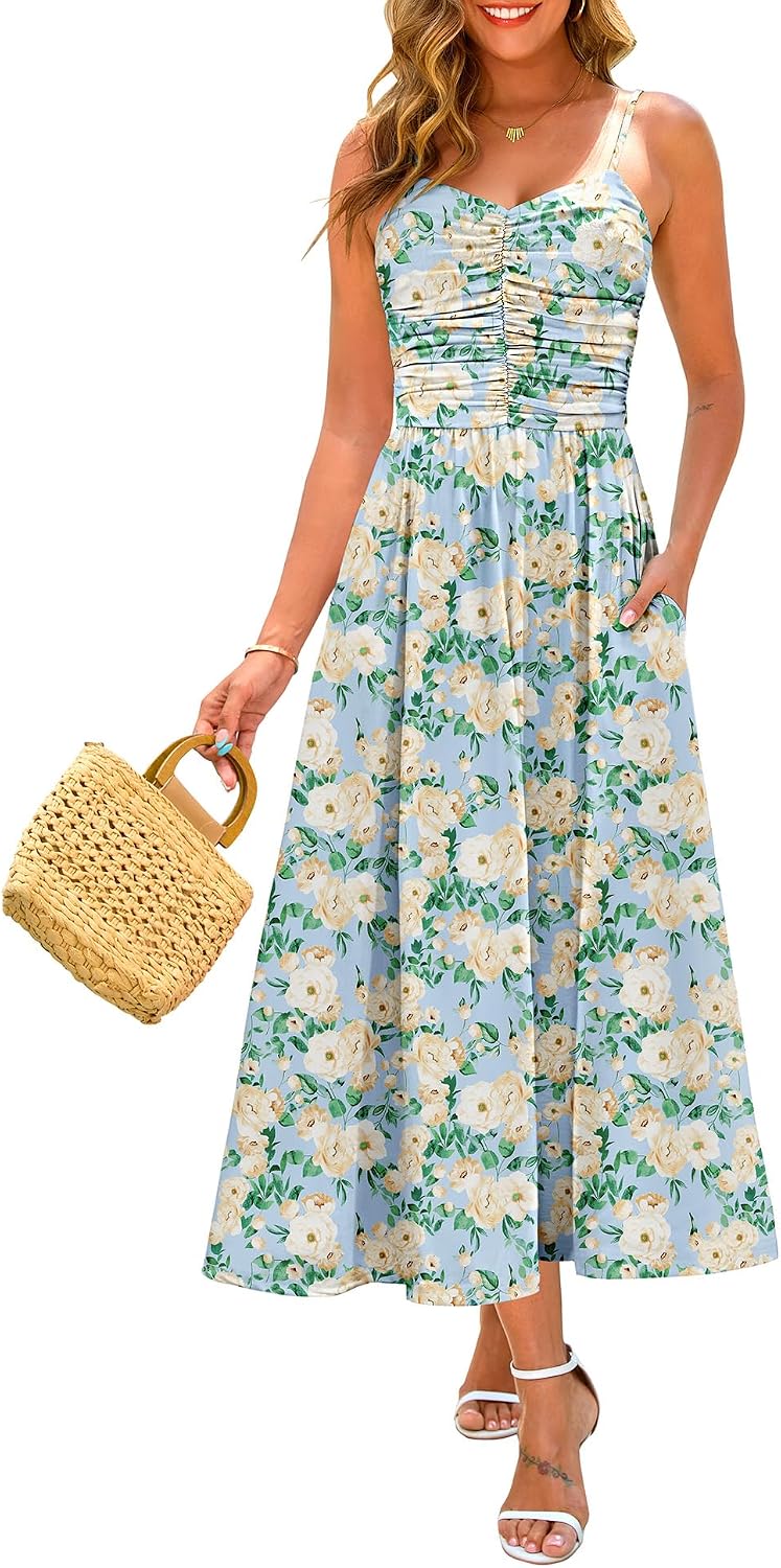 Annebouti Women's Summer Adjustable Spaghetti Strap Ruched Maxi Sun Dress | Dress with Pockets, Lined Bodice, Boho Floral Print, Perfect Summer Dress for Wedding Guest, Beach, Vacation, Resort Wear