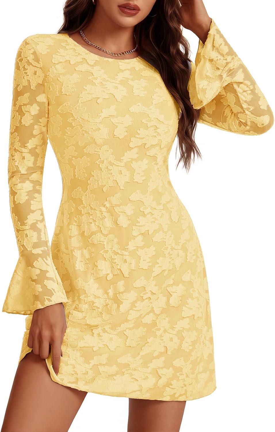 Bbonlinedress Women Long Sleeve Mesh Mini Wedding Guest Cocktail Dress | Homecoming, Going Out, Date Night, Club, Prom Fall Dress With Long Sleeve for Teens Juniors