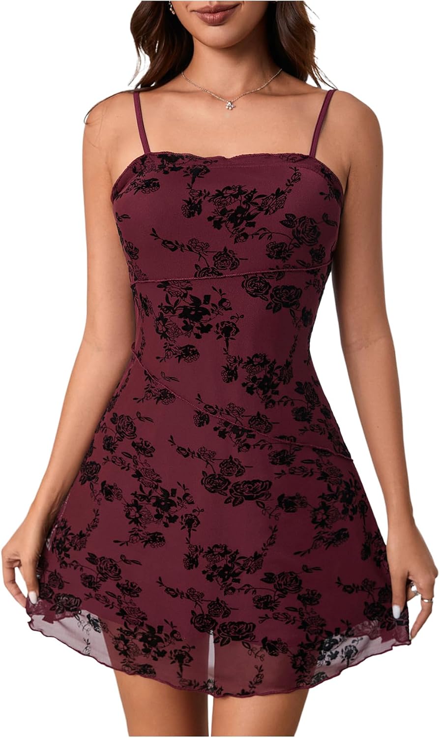 Verdusa Women's Mini Dress Floral Mesh Spaghetti Strap Short Dresses Y2k | Gothic Goth Dress, Grunge Emo Clothes, Teen Dresses, Teen Wedding Guest Dress