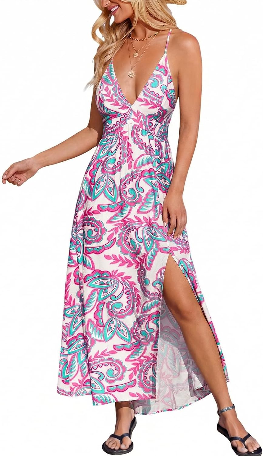 CUPSHE Women's Boho Paisley Tropical Deep V-Neck High Slit Maxi Dress | Adjustable Criss-Cross Straps, Open Back, Empire Waist Flowy A-Line Long Sundress, For Summer Beach Vacation, Resort Wear