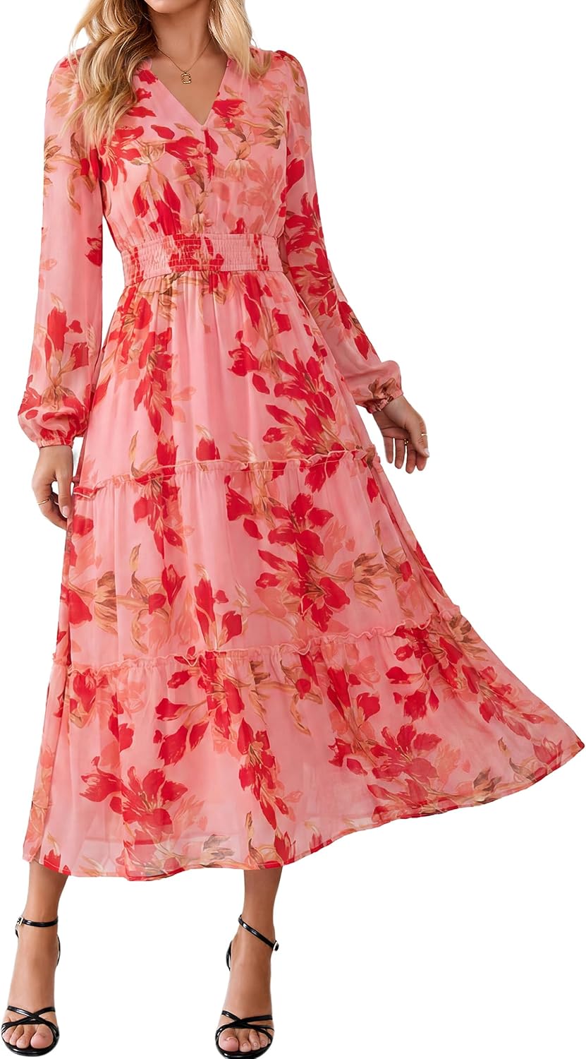Simplee Womens Floral Boho Maxi Dress Long Sleeve Flowy Wedding Guest Dress | Chiffon, V Neck, Empire Waist, Fall Dress, Semi-Formanl, A Line, Baby Shower, Ruffle Tiered, Elegant, Long