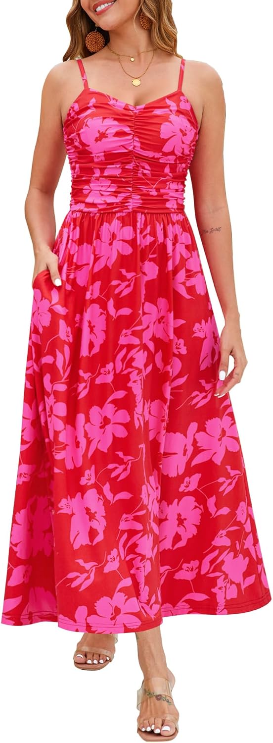 Annebouti Women's Summer Adjustable Spaghetti Strap Ruched Maxi Sun Dress | Dress with Pockets, Lined Bodice, Boho Floral Print, Perfect Summer Dress for Wedding Guest, Beach, Vacation, Resort Wear