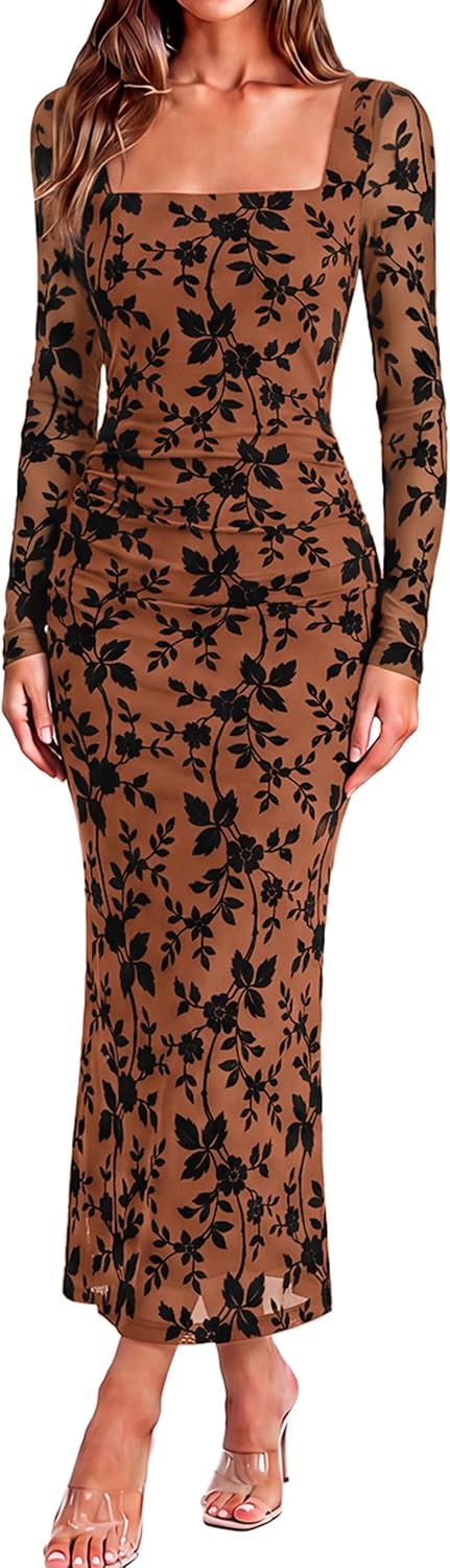 BerryGo Womens Floral Print Mesh Midi Dress Square Neck Long Sleeve Bodycon Ruched Fall Cocktail Party Wedding Guest Dresses