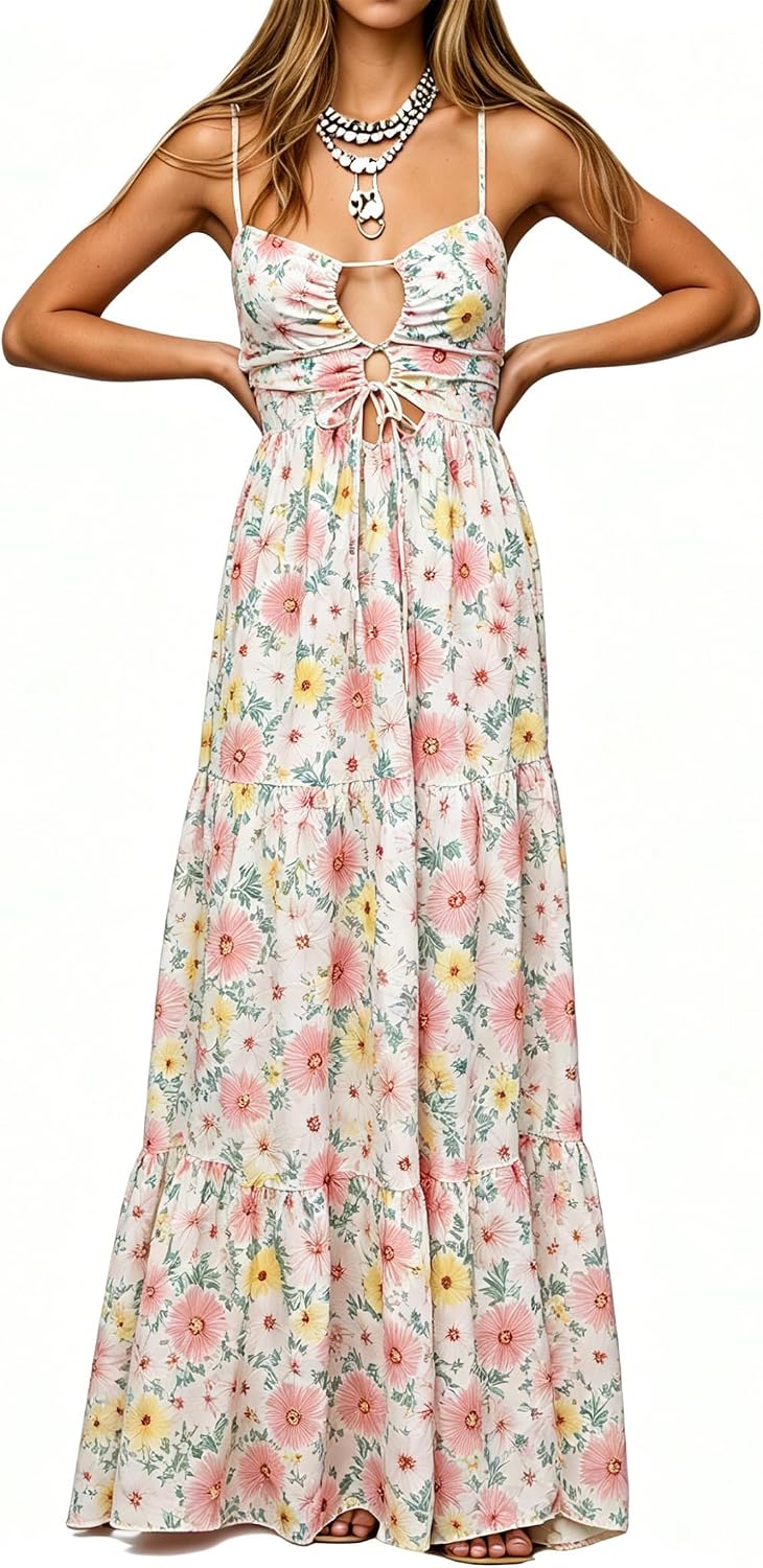 Womens Summer Floral Spaghetti Strap Backless Low Cut Smocked Milkmaid Flowy Beach Sundresses