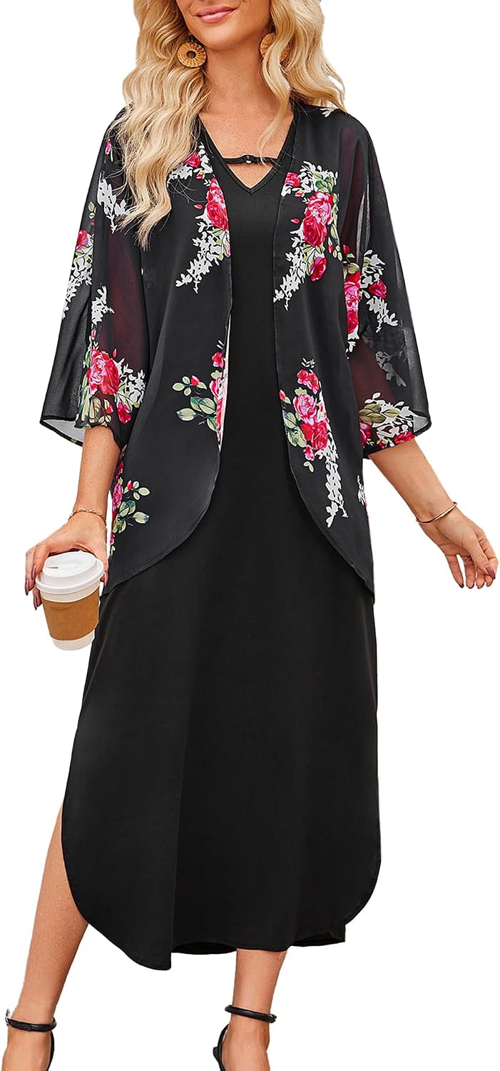 Honwenle Women's 2026 Summer Maxi Dress 2 Piece Loose Split Outfit | Sleeveless,with Cover up,Floral Sundress,V-neck,Casual,Beach Vacations,Wedding Guest