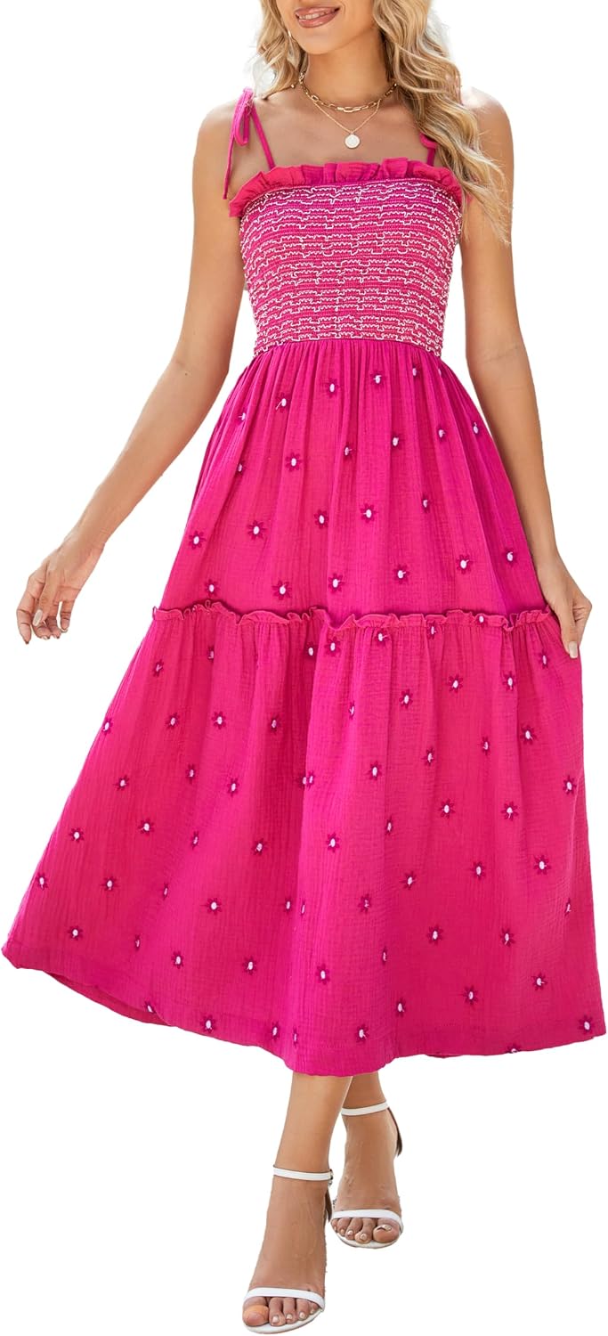 ABYOVRT Women Floral Embroidered Maxi Dress Sleeveless Tie Shoulder Smocked Flowy Dress Boho Summer Sundresses with Pockets
