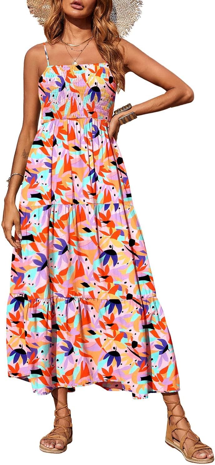 PRETTYGARDEN Women's Summer Maxi Dress 2026 Spaghetti Strap Sundresses | Boho Dress, Sleeveless, Smocked, Flowy Tiered A Line Long Dress, Beach Vacation, Party, Wedding Guest