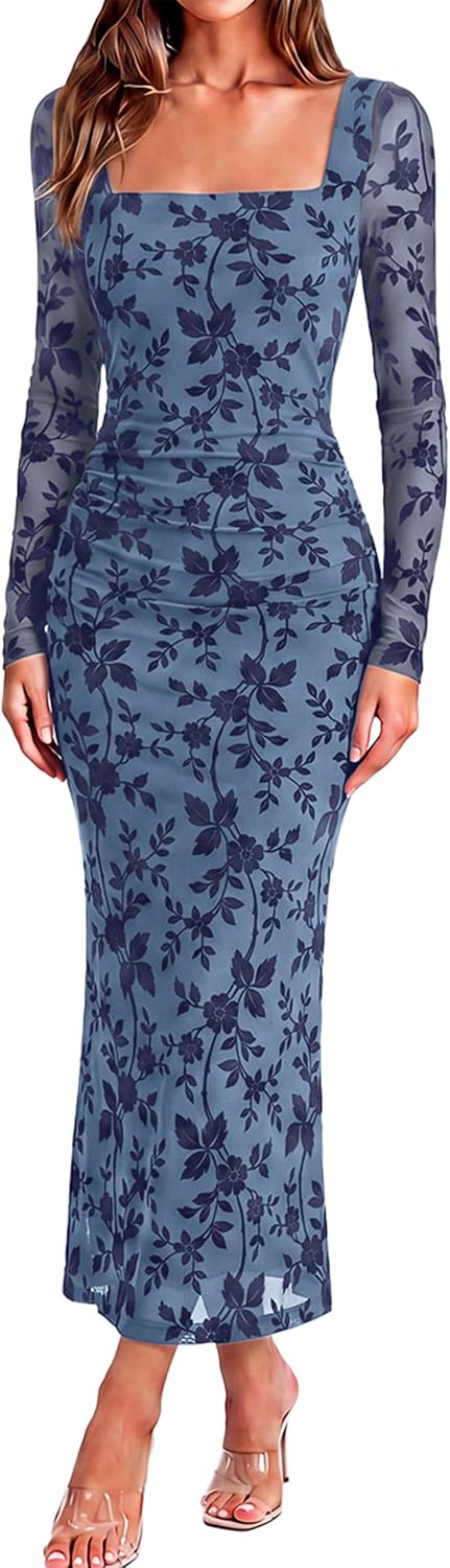 BerryGo Womens Floral Print Mesh Midi Dress Square Neck Long Sleeve Bodycon Ruched Fall Cocktail Party Wedding Guest Dresses