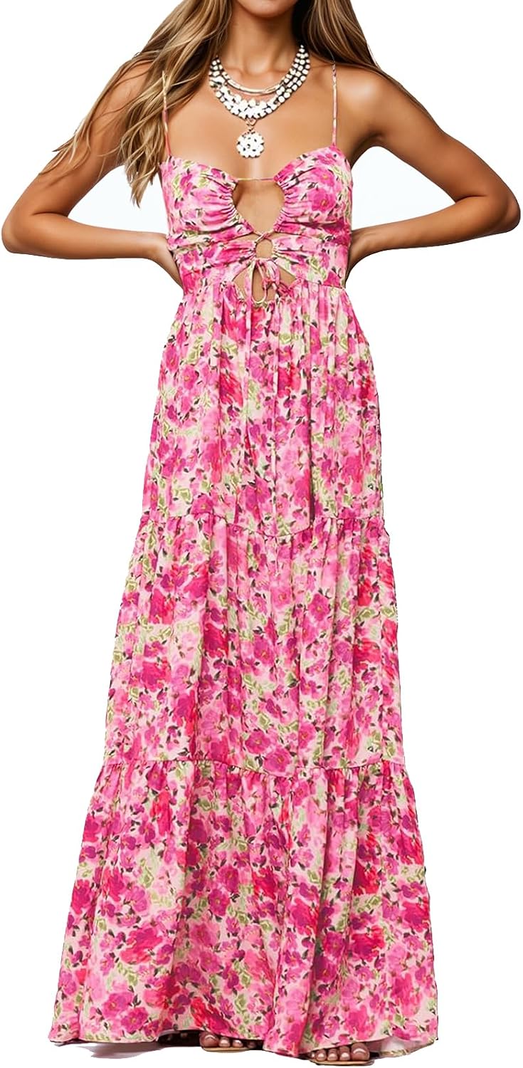 Womens Summer Floral Spaghetti Strap Backless Low Cut Smocked Milkmaid Flowy Beach Sundresses