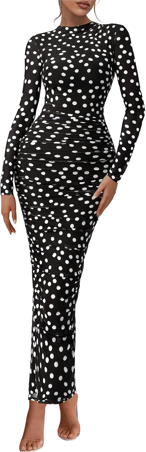 PRETTYGARDEN Long Sleeve Maxi Dresses for Women Wedding Guest Fall Outfits | Ruched Bodycon Dress Long, Floral Mesh, Date Night, Formal Cocktail Party, Homecoming Holiday Dresses