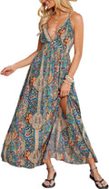 CUPSHE Women's Boho Paisley Tropical Deep V-Neck High Slit Maxi Dress | Adjustable Criss-Cross Straps, Open Back, Empire Waist Flowy A-Line Long Sundress, For Summer Beach Vacation, Resort Wear