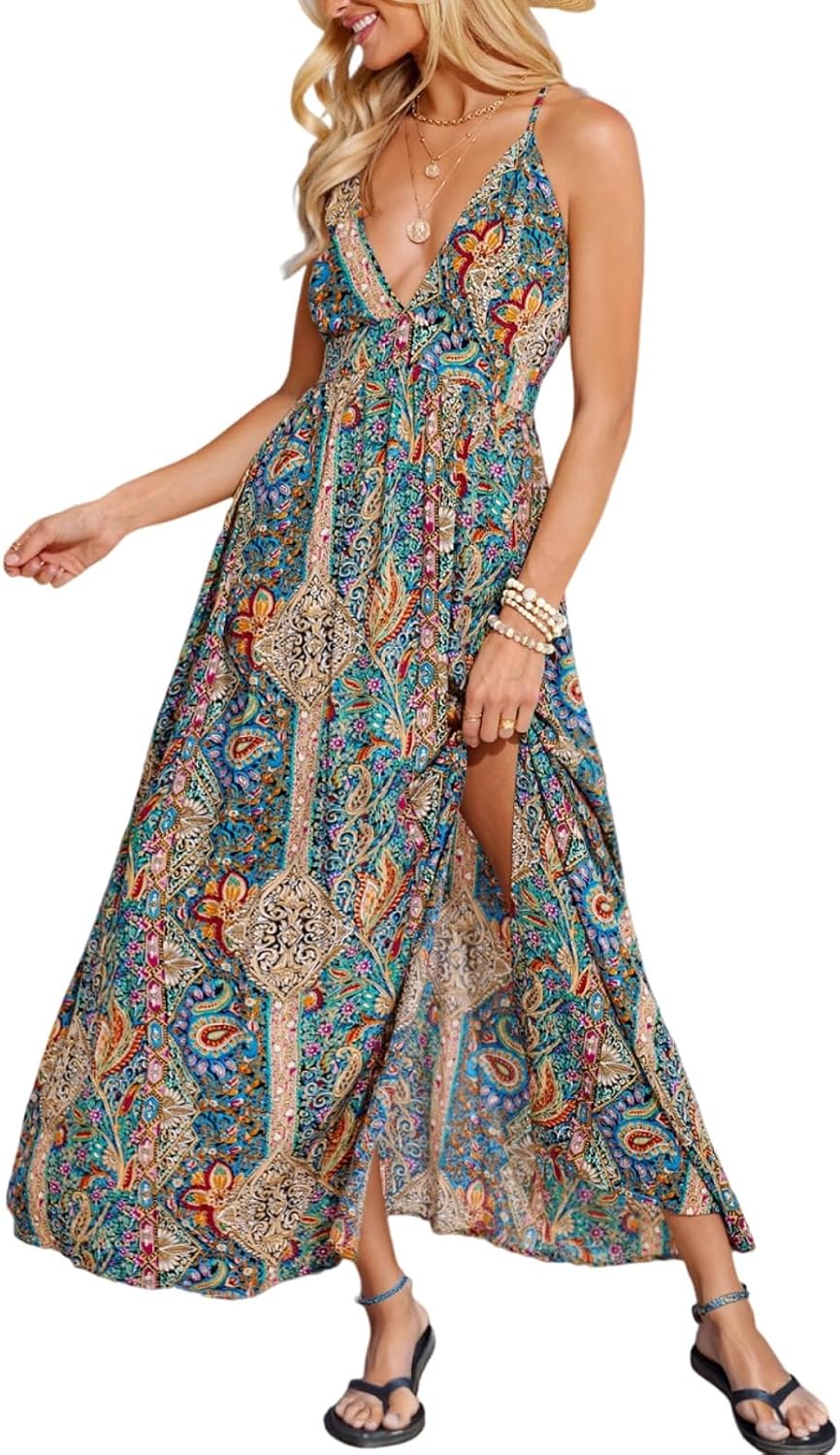 CUPSHE Women's Boho Paisley Tropical Deep V-Neck High Slit Maxi Dress | Adjustable Criss-Cross Straps, Open Back, Empire Waist Flowy A-Line Long Sundress, For Summer Beach Vacation, Resort Wear