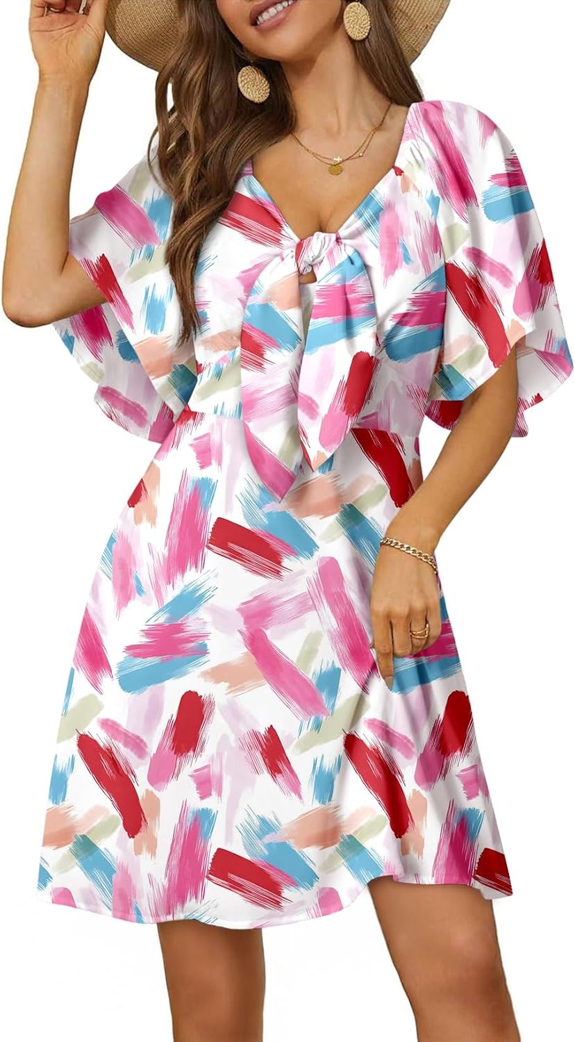 Dokotoo Womens Dresses 2026 Deep V Neck Elegant Bow tie Mini Dress S-XL | 2026 Summer Fall,Short Sleeve,V Neck,Graduation Party Dress,Elegant,Flowy Beach Vacation Wear,Casual Dress
