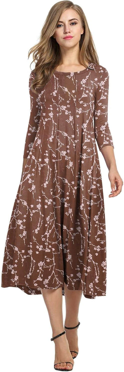 HOTOUCH Women's 3\/4 Sleeve A-line and Flare Midi Long Dress