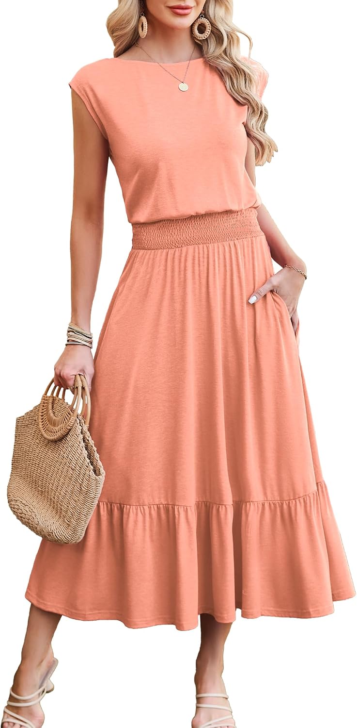 Kikibell Womens Summer Dresses Cap Sleeve Elastic Waist Midi Dress with Pocket Long Causal Sundress Beach Vacation Outfits