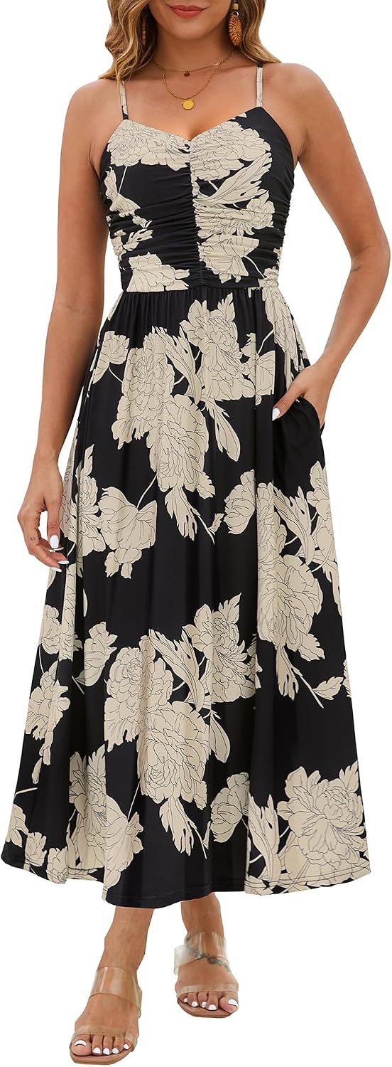 Annebouti Women's Summer Adjustable Spaghetti Strap Ruched Maxi Sun Dress | Dress with Pockets, Lined Bodice, Boho Floral Print, Perfect Summer Dress for Wedding Guest, Beach, Vacation, Resort Wear