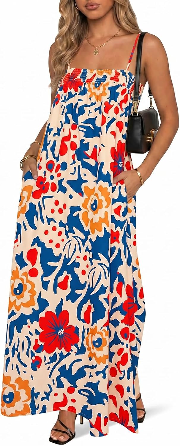 Wenrine Womens Polka Dot Maxi Dress Spaghetti Strap Long Summer Dresses | Polkadot, Sleeveless, Smocked, Loose Fit, Flowy, Long Beach Dress, Casual, Vacation