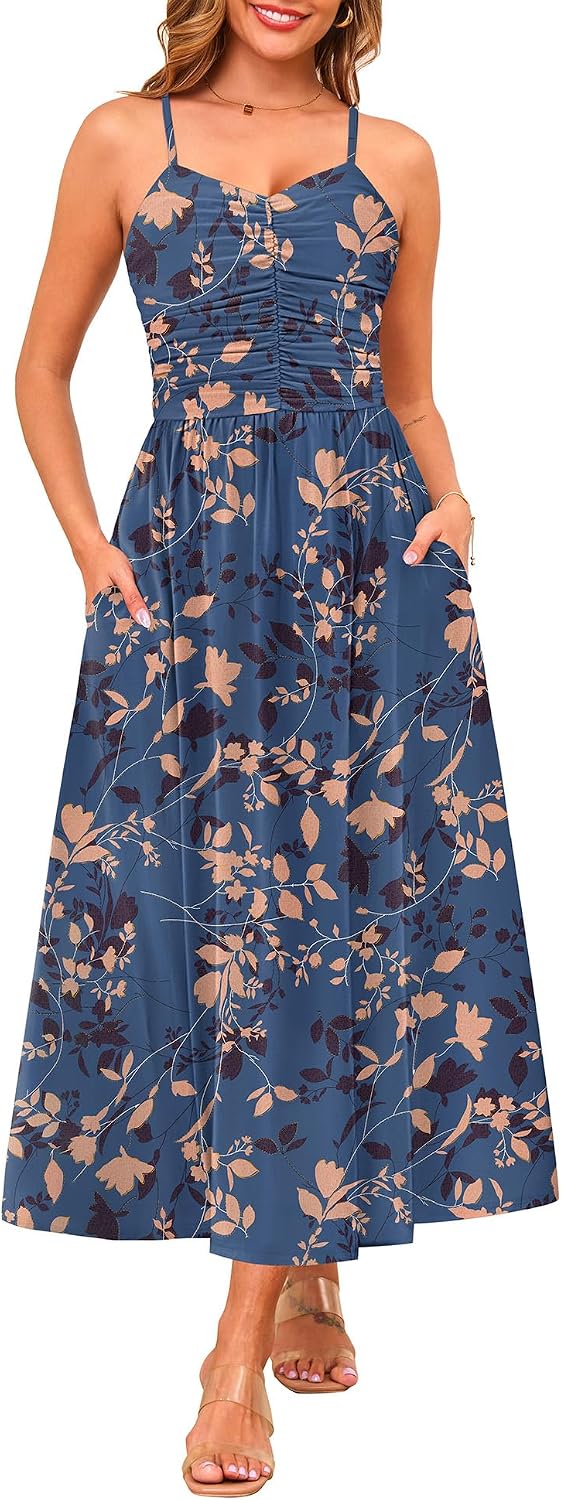 Annebouti Women's Summer Adjustable Spaghetti Strap Ruched Maxi Sun Dress | Dress with Pockets, Lined Bodice, Boho Floral Print, Perfect Summer Dress for Wedding Guest, Beach, Vacation, Resort Wear