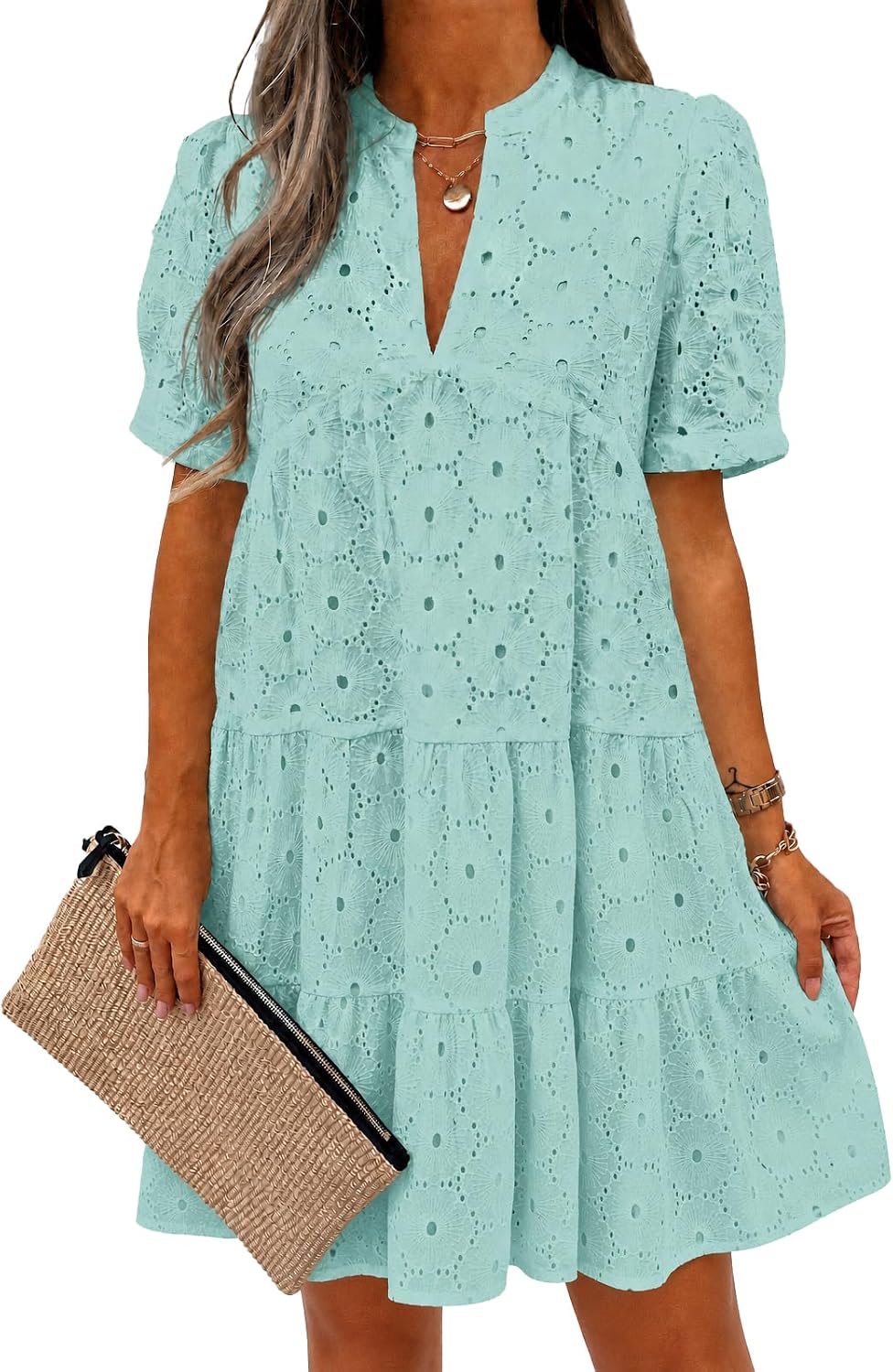 Imily Bela Womens Summer Lace Dresses Eyelet Casual Flowy Babydoll Dress | Swing, Short Sleeve, V Neck, Tunic Dress,Mini,Beach,Vacation,Party,Outdoor,Boho,Loose,Ruffle Hem,Short Puff Sleeve