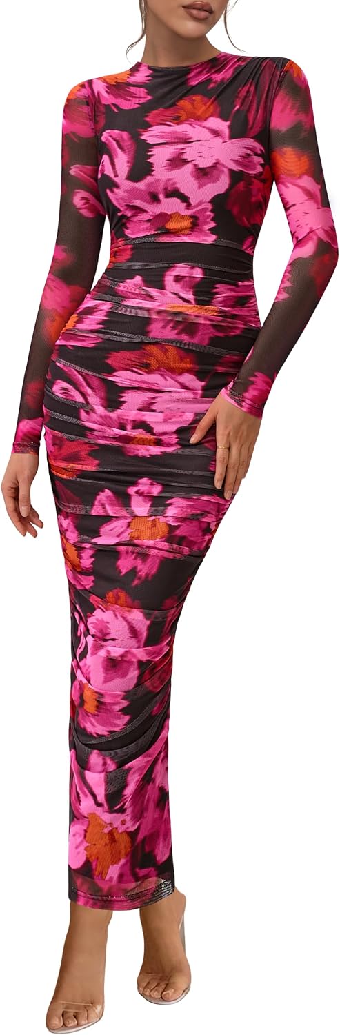 PRETTYGARDEN Long Sleeve Maxi Dresses for Women Wedding Guest Fall Outfits | Ruched Bodycon Dress Long, Floral Mesh, Date Night, Formal Cocktail Party, Homecoming Holiday Dresses