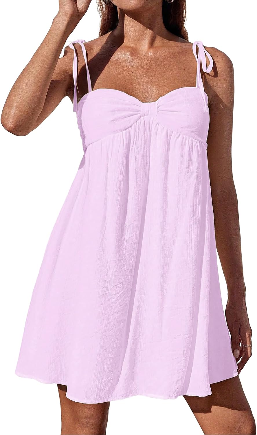 Fhykiss Women's Spaghetti Strap Summer Mini Dresses Flowy Casual Cute Babydoll Dress Knot Tie Shoulder Adjustable Sundress