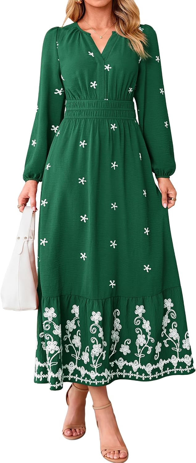 Simplee Floral Maxi Fall Womens Dress Long Sleeve Elegant Church Dresses | Wedding Guest Flowy, Romantic A-line Embroidery, Smocked Waist Garden Party, Casual Holiday Dinner Photo Shoot