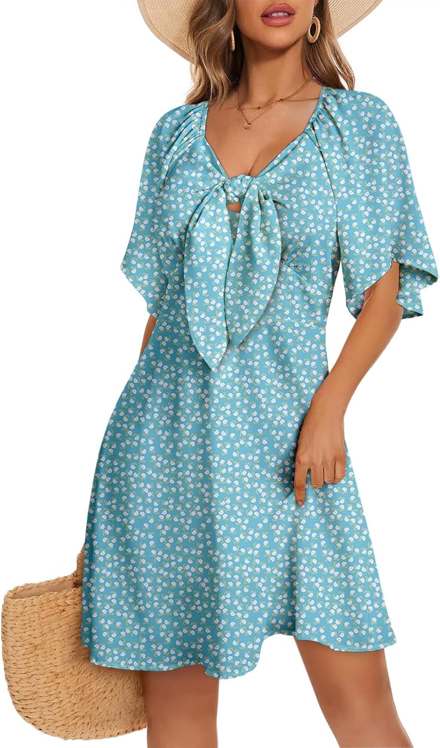 Dokotoo Womens Dresses 2026 Deep V Neck Elegant Bow tie Mini Dress S-XL | 2026 Summer Fall,Short Sleeve,V Neck,Graduation Party Dress,Elegant,Flowy Beach Vacation Wear,Casual Dress