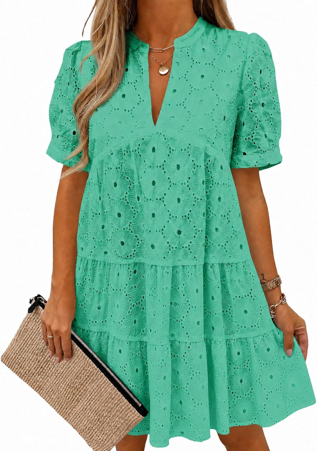 Imily Bela Womens Summer Lace Dresses Eyelet Casual Flowy Babydoll Dress | Swing, Short Sleeve, V Neck, Tunic Dress,Mini,Beach,Vacation,Party,Outdoor,Boho,Loose,Ruffle Hem,Short Puff Sleeve