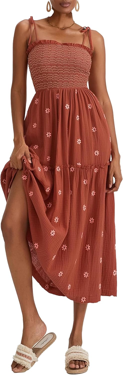 ABYOVRT Women Floral Embroidered Maxi Dress Sleeveless Tie Shoulder Smocked Flowy Dress Boho Summer Sundresses with Pockets