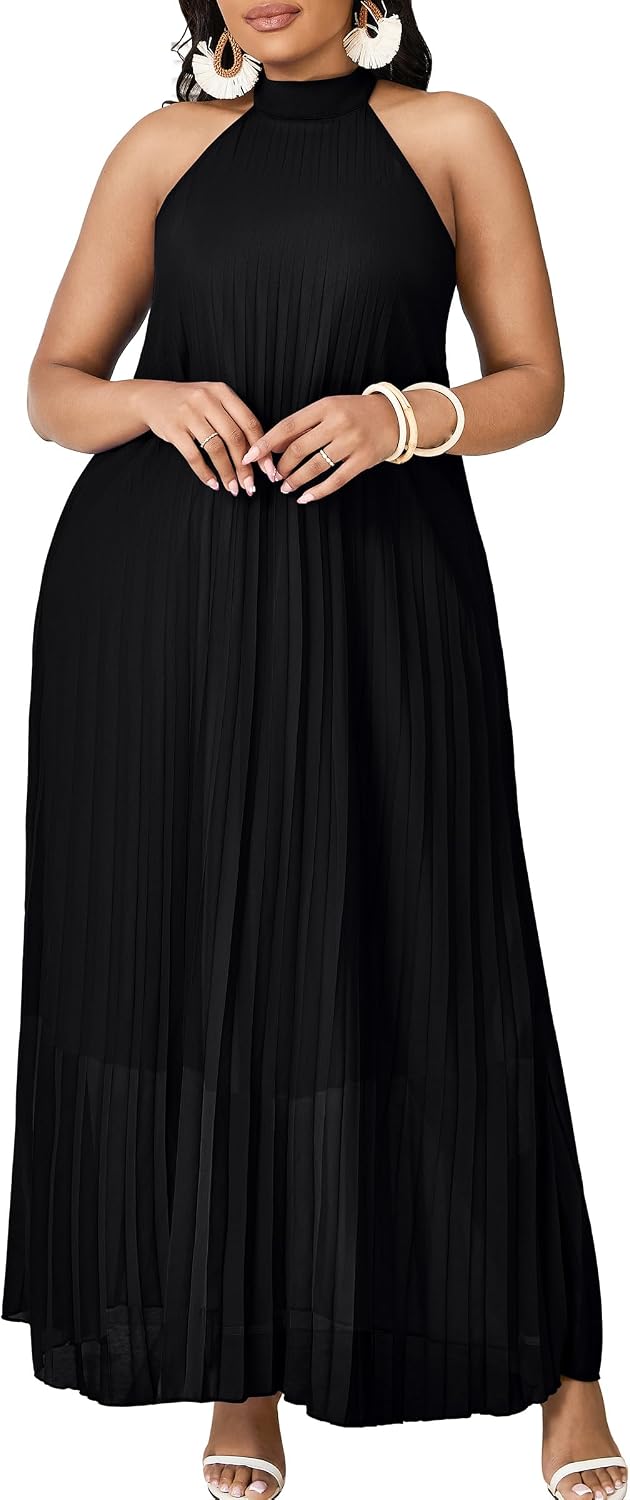 FANDEE Maxi Dress for Women Plus Size Casual Sleeveless Chiffon Halter Neck Pleated Loose Long Dresses