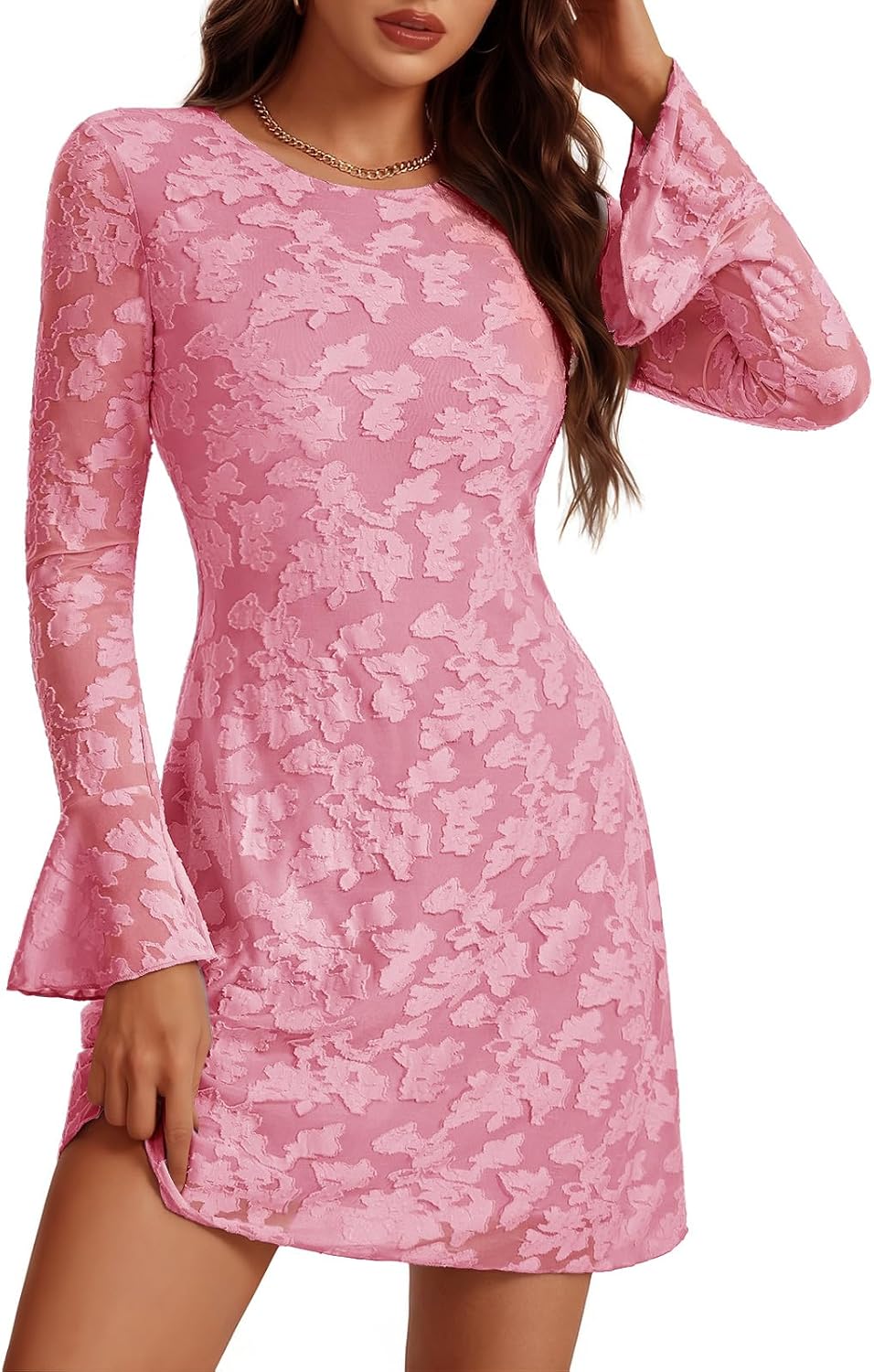 Bbonlinedress Women Long Sleeve Mesh Mini Wedding Guest Cocktail Dress | Homecoming, Going Out, Date Night, Club, Prom Fall Dress With Long Sleeve for Teens Juniors
