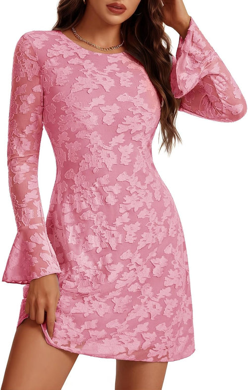 Bbonlinedress Women Long Sleeve Mesh Mini Wedding Guest Cocktail Dress | Homecoming, Going Out, Date Night, Club, Prom Fall Dress With Long Sleeve for Teens Juniors