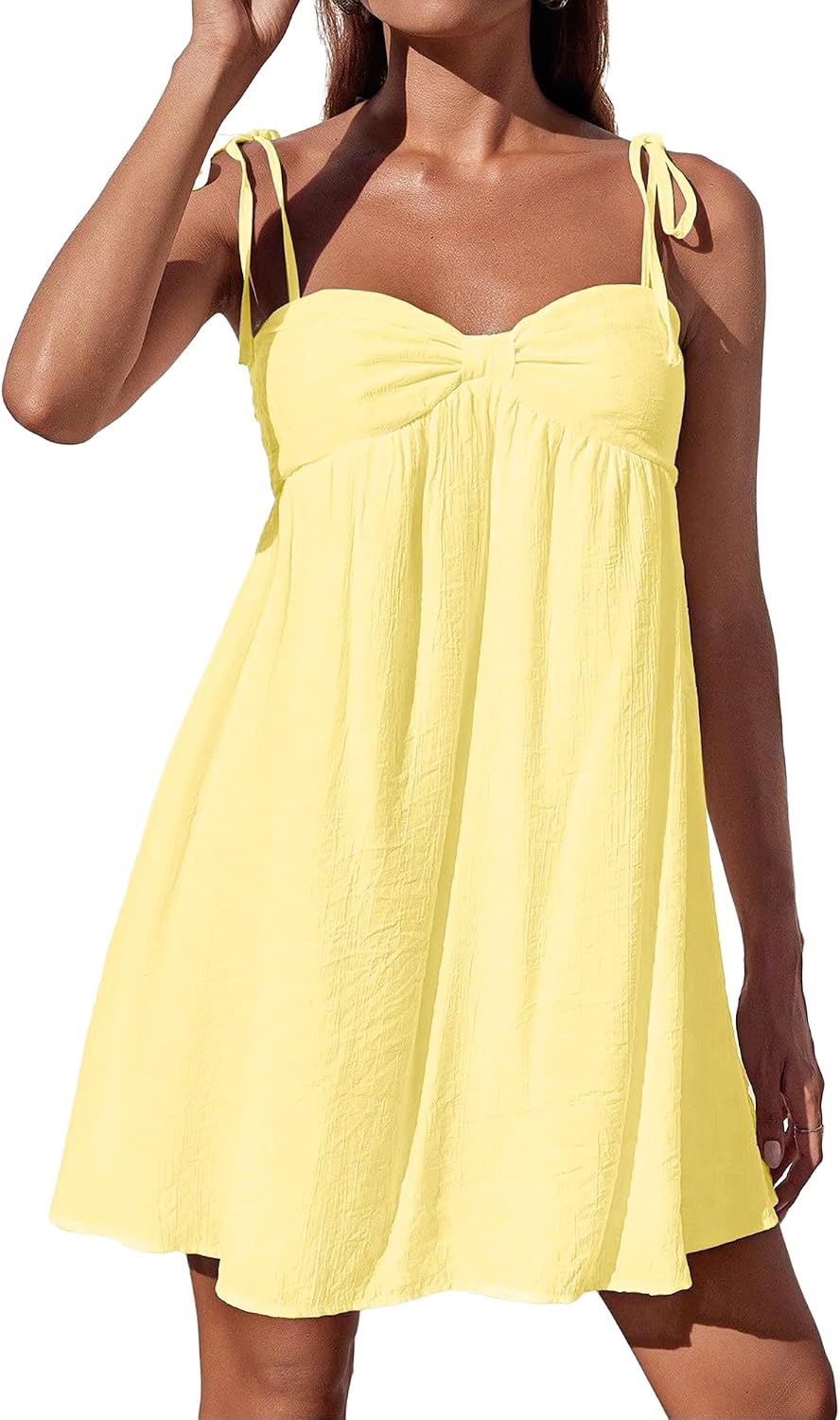 Fhykiss Women's Spaghetti Strap Summer Mini Dresses Flowy Casual Cute Babydoll Dress Knot Tie Shoulder Adjustable Sundress