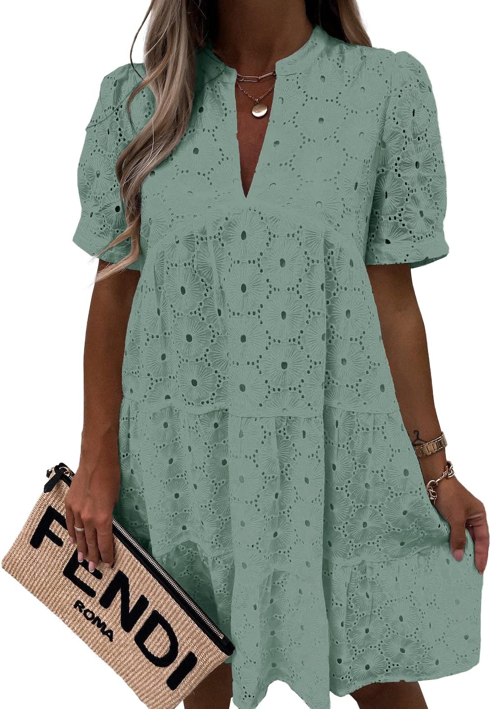 Imily Bela Womens Summer Lace Dresses Eyelet Casual Flowy Babydoll Dress | Swing, Short Sleeve, V Neck, Tunic Dress,Mini,Beach,Vacation,Party,Outdoor,Boho,Loose,Ruffle Hem,Short Puff Sleeve