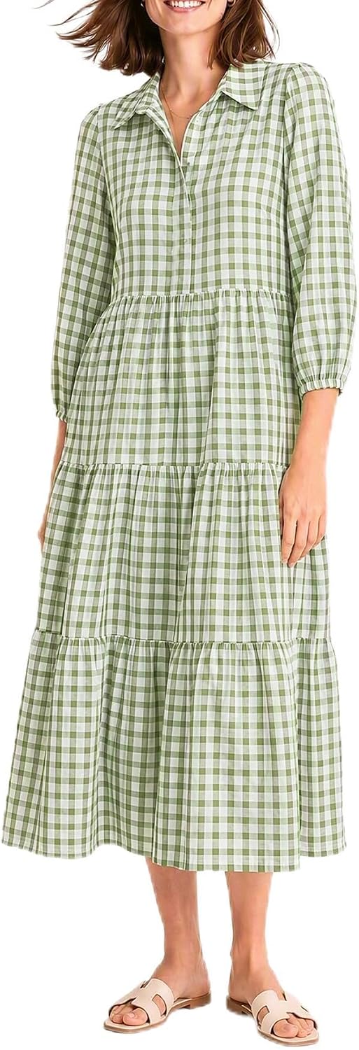 Women Button Down Maxi Shirt Dress Long Sleeve Flowy Tiered Collared Dresses with Pockets